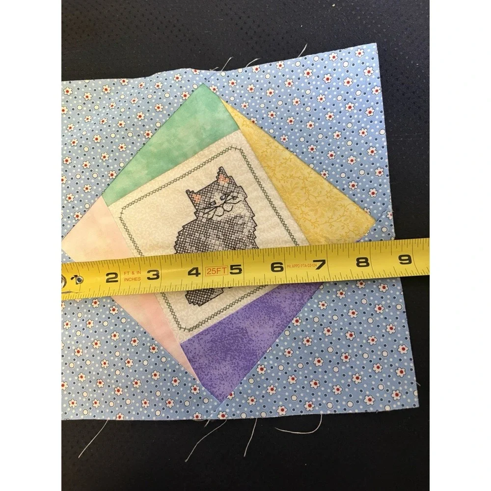 Vtg Quilt Block~Cross Stitch Gray Cat~Machine Embroidered~8.5